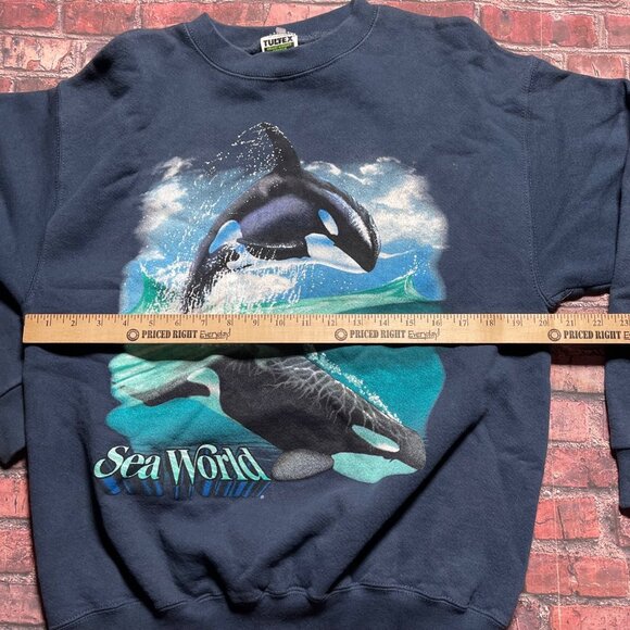 Vintage Sea World Sweatshirt Mens Size Small Blue Orca Whale Nature 90s Skater - Picture 5 of 5